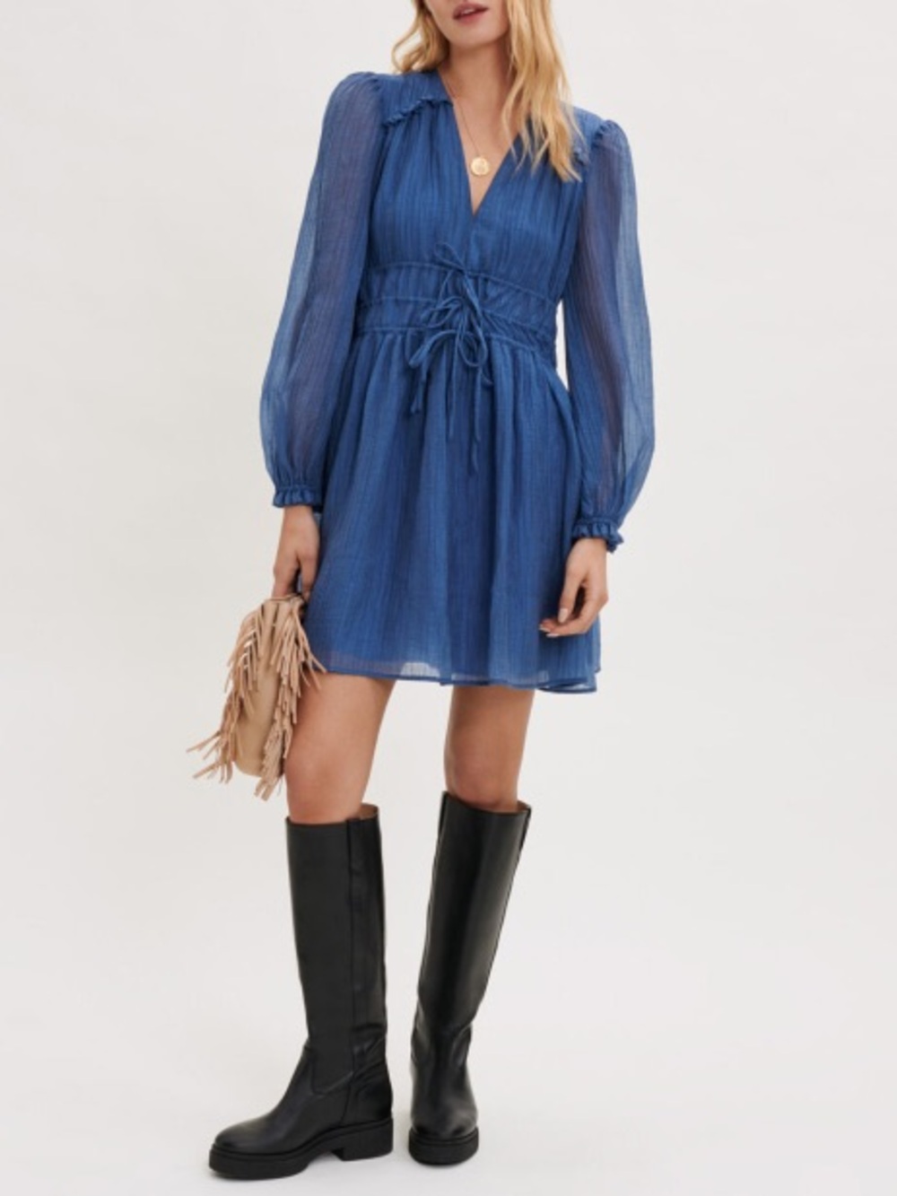 NWT Maje Dress — Riala Voile Dress in Blue, Long sleeve blue dress with skirt, S - Picture 3 of 16